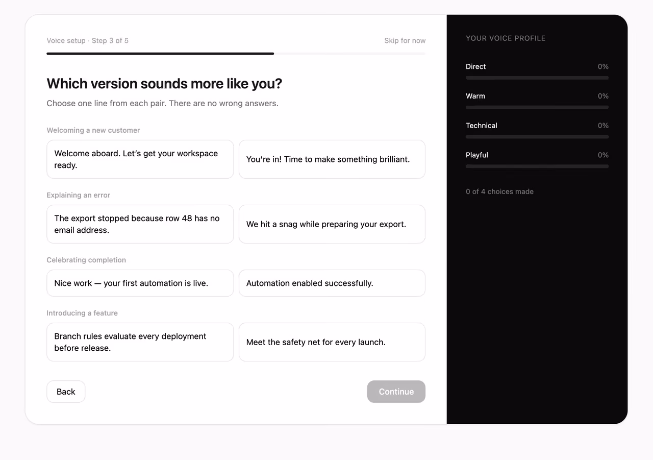 Brand voice calibration step — Tailwind CSS Onboarding layout preview