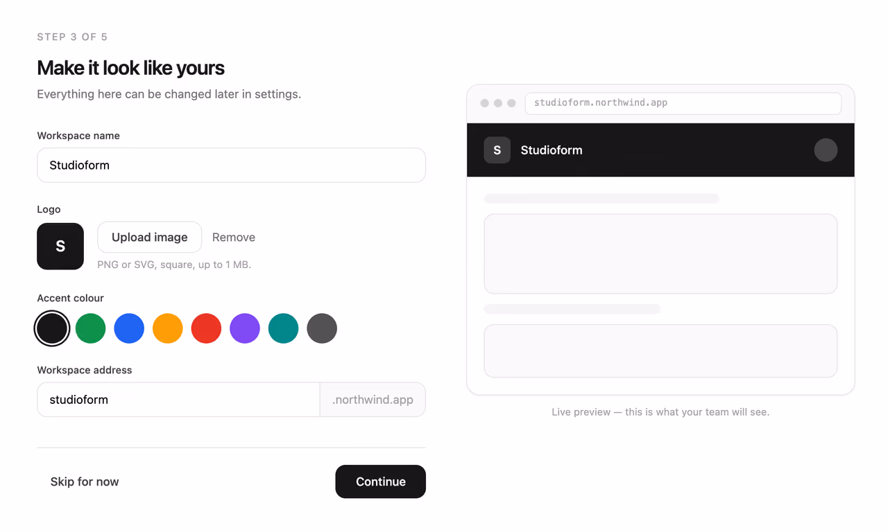 Rendered preview — Brand your workspace step