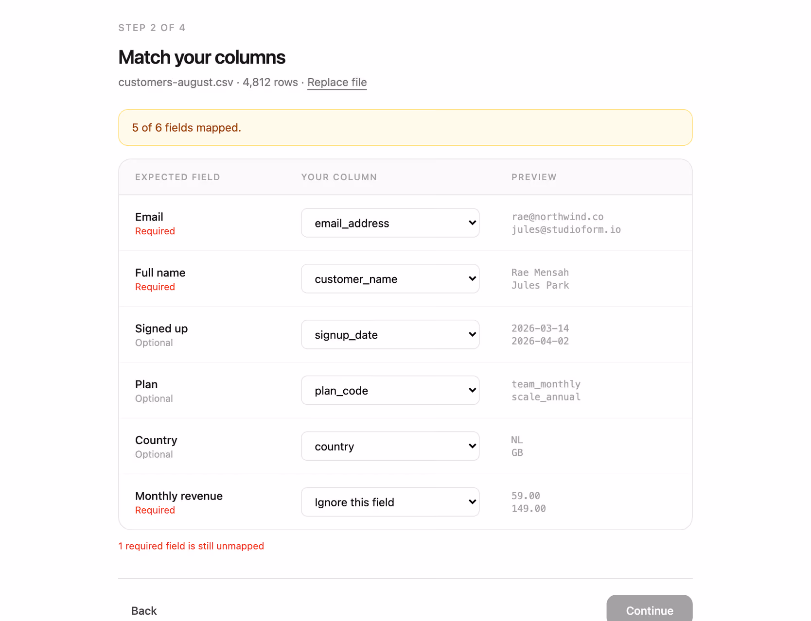 Rendered preview — CSV column mapping step