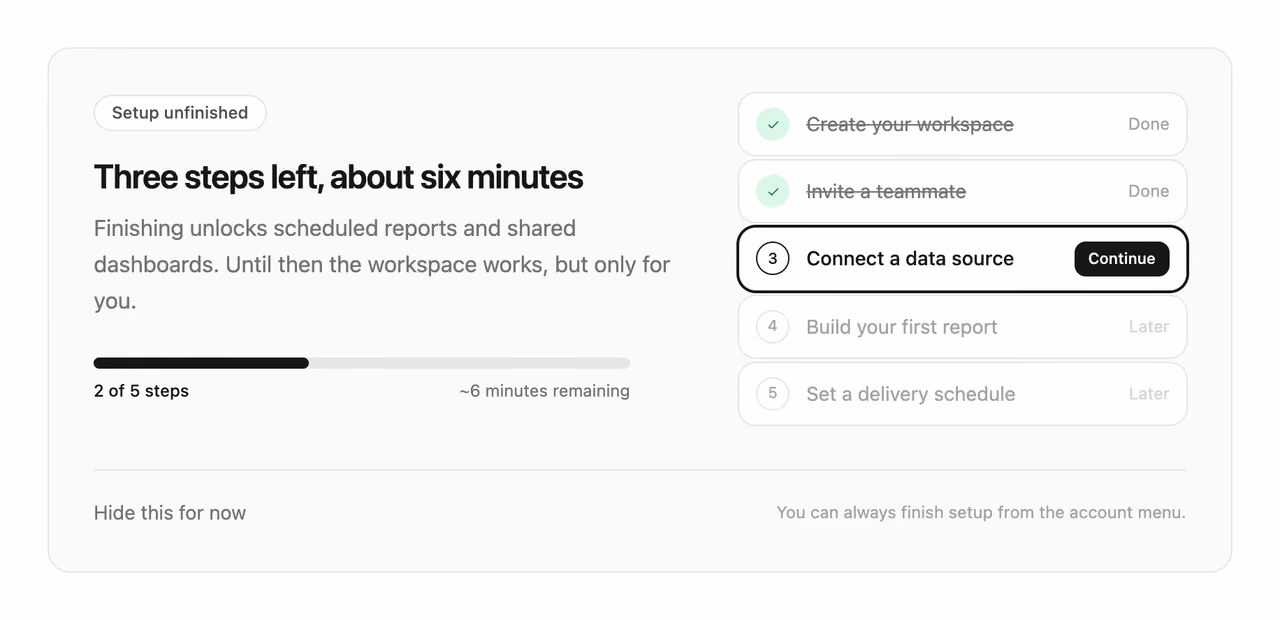Rendered preview — Resume onboarding banner