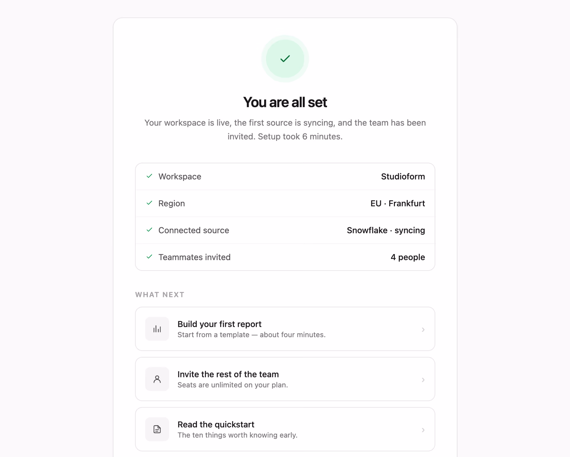 Rendered preview — Setup complete celebration