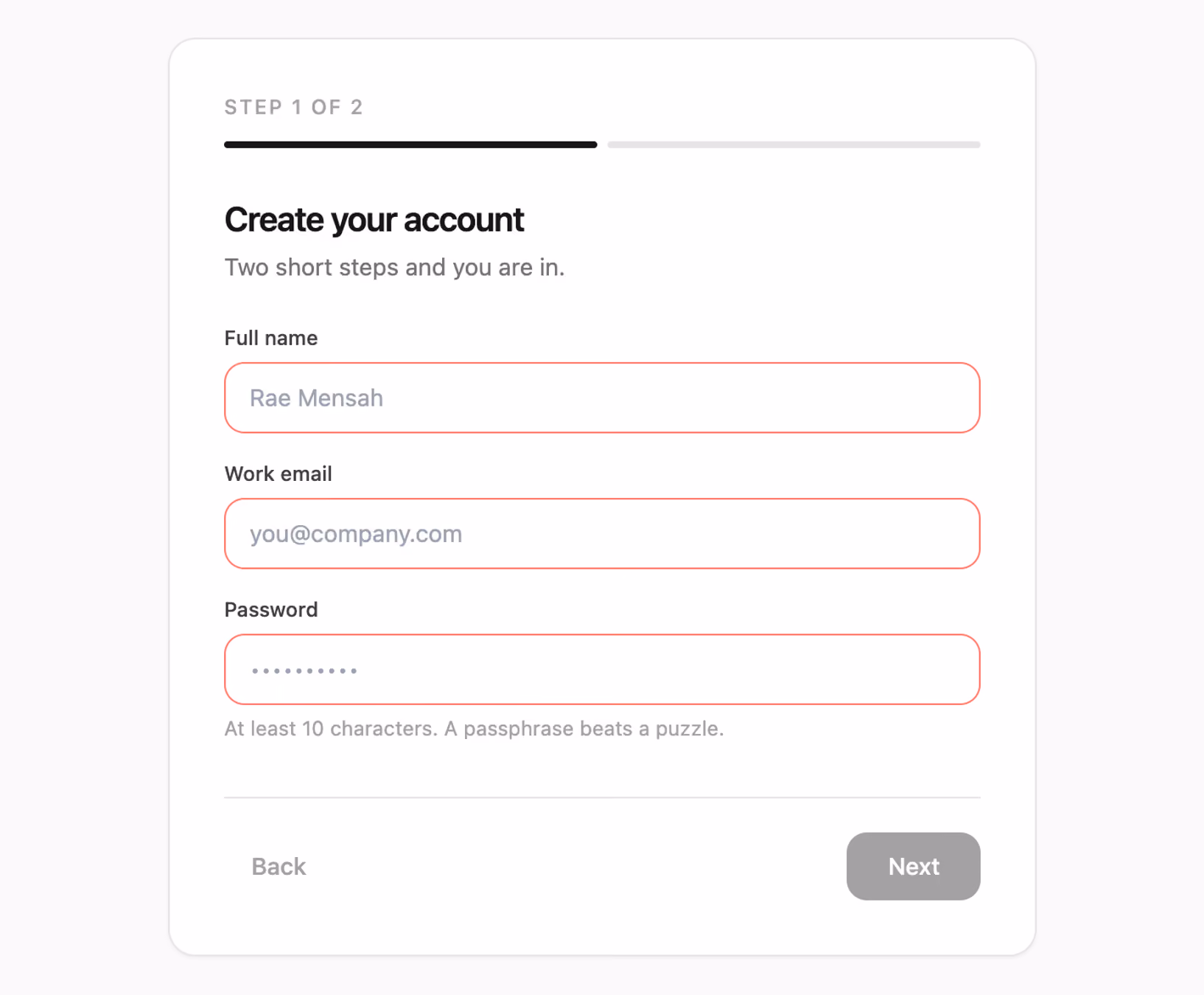 Rendered preview — Two-step account wizard