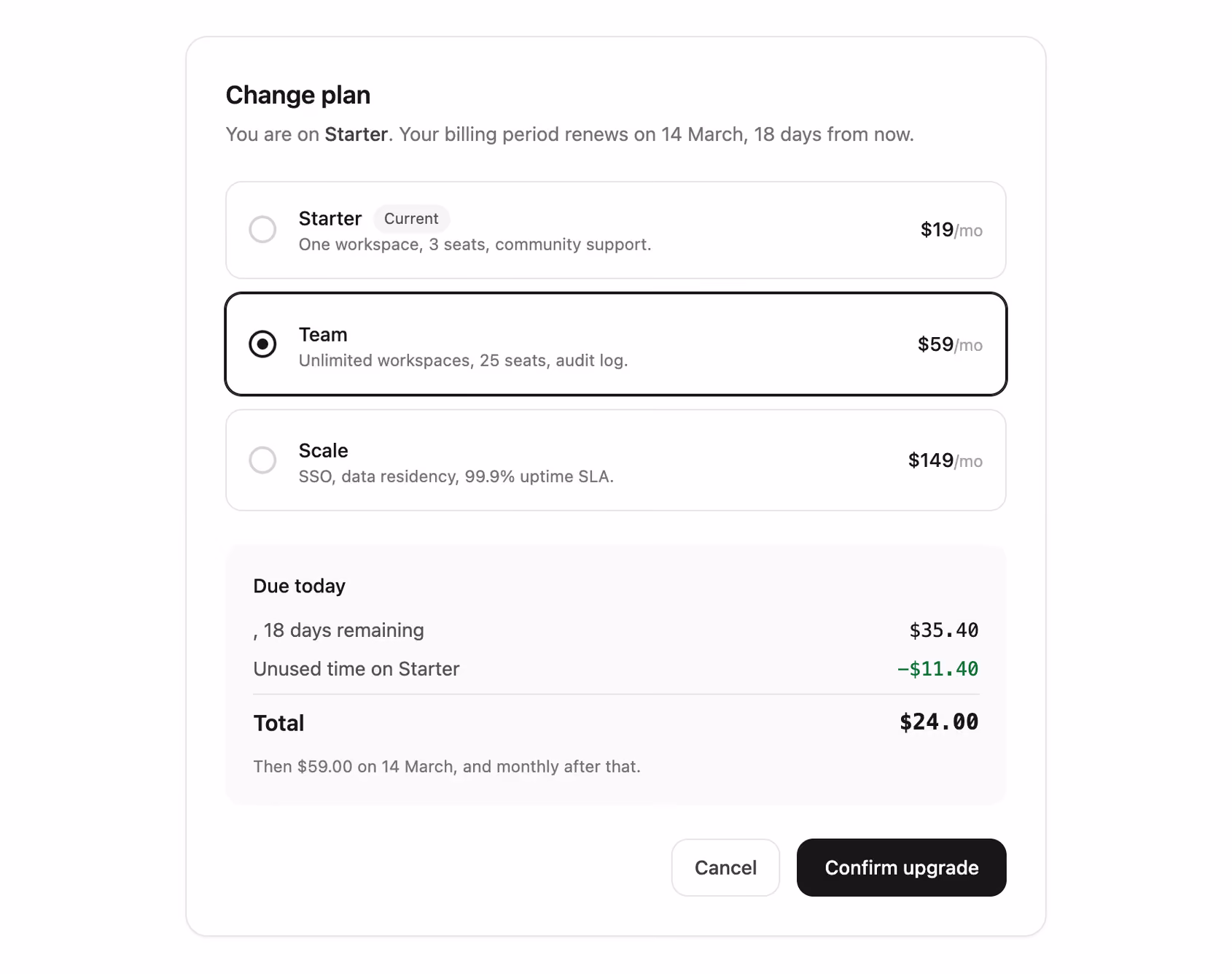 Rendered preview — Change plan with prorated preview