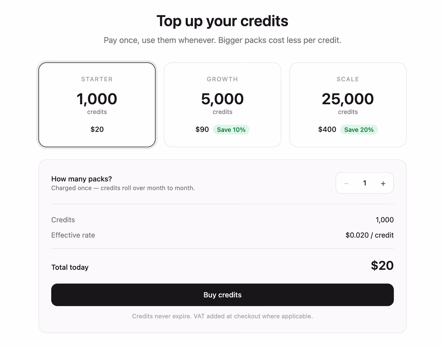 Rendered preview — Credit pack top-up