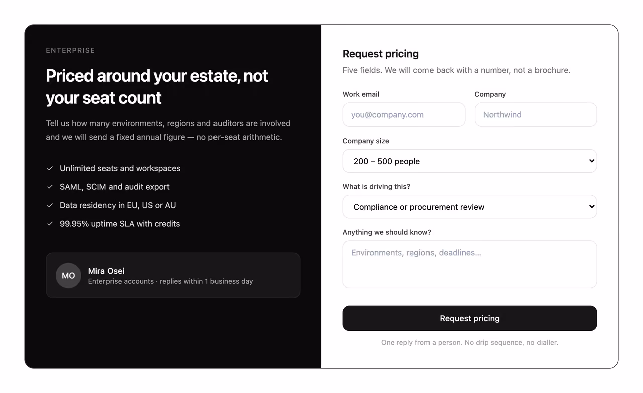 Rendered preview — Enterprise quote request panel