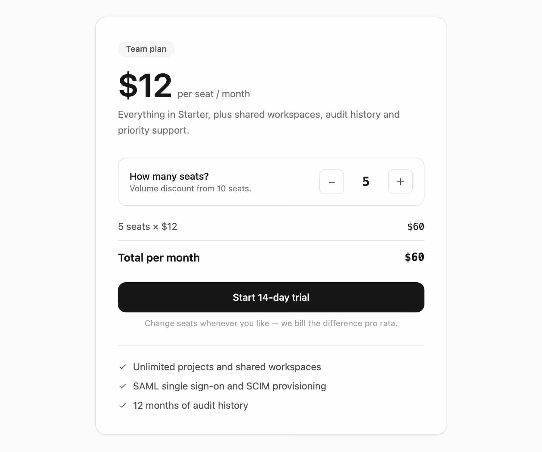 Rendered preview — Per-seat pricing with quantity stepper