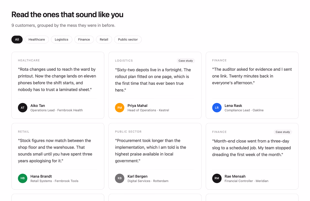 Rendered preview — Filterable quote grid by industry